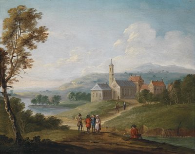 Paysage fluvial avec un village et des promeneurs - Jan Pieter van Bredael